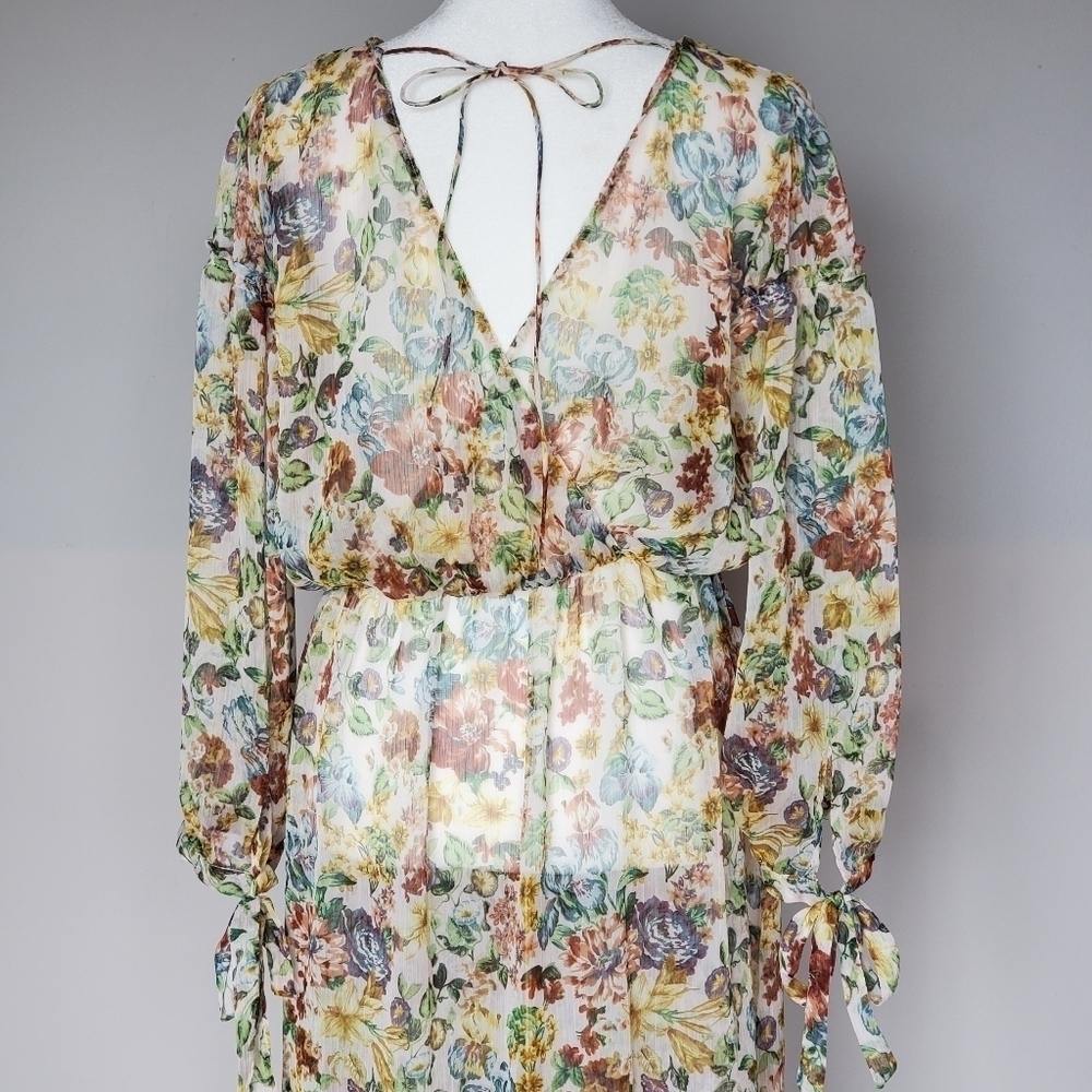 Zara Sheer Floral Cottagecore Tie Sleeve Romantic Flowy Crepe Overlay for Dress - Picture 5 of 8